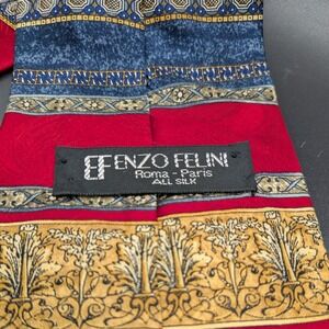 Enzo Felini Mens Silk Tie Red Blue Gold Baroque Ornate Stripe Handmade 59" apprx